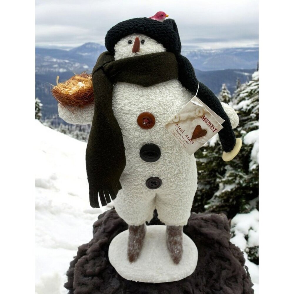 Vintage Angel Heart Snowman Christmas Figurine with Bird and Nest Black Scarf
